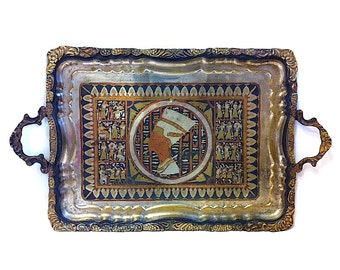 Vintage Metal Serving Tray Queen Nefertiti Ancient Egypt Egyptians Antique Tray Rectangular Tray Serving Platter Multicolored Mixed Metals