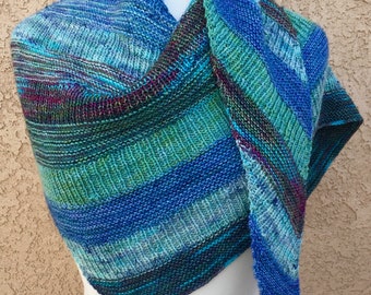 Hand Knit Shawl: Soft Merino Wool and Blue Stripes
