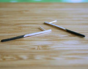 Two Tone Silver Black Bar Earrings, Modern Long Stick Studs, Line Earrings, Oxidized Silver Jewelry, Sculptural Accessories for Design Lover