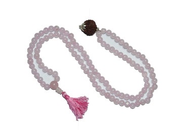 Birthstone Stone 108 Malabeads Rose Quartz Japa Mala 5 Faces Healing Rudraksha Pendent Energy Necklace Yoga Jewelry