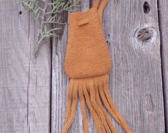 Fringed suede medicine bag , Ready to ship leather necklace bag with fringe , Leather necklace bag