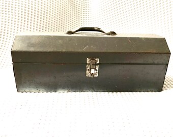 Vintage Industrial Gray Tool Box | Rustic Storage Box | Distressed Metal Tool Box | Heavy Duty Utility Box | Rustic Industrial Metal Box |