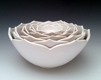 Nesting Ceramic Bowls, Eight Nesting Lotus Bowls, Serving Bowls in a Set of Eight, White Bowls or Your Choice of Color