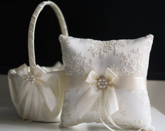 Flower Girl Basket and Ring Bearer Pillow Set Ivory Ring holder Beige Wedding Basket Ivory Ring Pillow Lace Ring Pillow Wedding Pillow