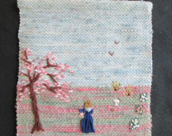 SALE -Handwoven wall art , Woman in a park, 8x11"