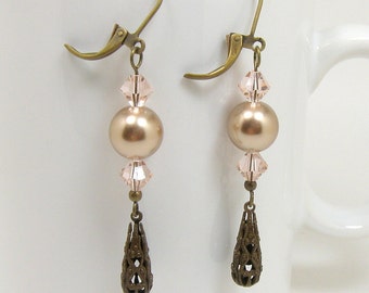 Swarovski Crystal Earrings, Pearl Drop Earrings, Antique Brass Leverbacks, Vintage Inspired