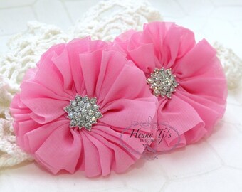 2 pcs 2.5" Adeila Ballerina BUBBLEGUM PINK Shabby UNFrayed Chiffon Ruffle Flowers with Rhinestone, Silk Flowers, applique , hair accessories