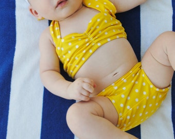 SALE .. Itsy bitsy teeny weeny yellow polka dot bikini swimsuit Baby size newborn to 12 months