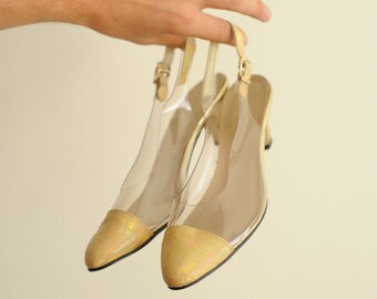 Vintage California Magdesians Clear Vinyl & Gold Holographic Cap Toe Heels, Made in USA, Womens 6 / ITEM327