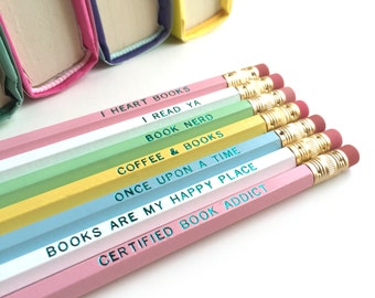 Set of 7 Book Lovers Pencil Set — Pastel Colors, Imprinted Pencils, Engraved Pencils, Booknerd Gift, Bookish Gift