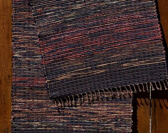 Hand Woven Rag Rug Navy Blue Red Cotton Floor Runner 26" x 92"