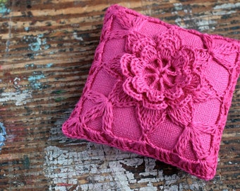 Linen pincushion - crochet motif --fuchsia