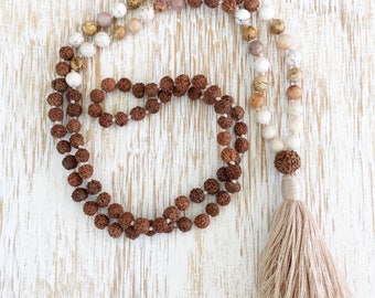 Mala Beads, Magnesite Agate Jasper Riverstone, Rudraksha Mala, White Mala Necklace, 108 Mala Bead, Mala Bead Necklace, Buddhist Jewelry