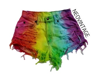 High Waisted Rainbow Colorful Tie Dyed Hipster Festival Fringed Denim Shorts - "Free Spirit"