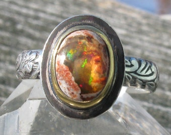 Fire Opal Ring - 22K gold and Sterling Silver Mexican Fire Opal ring - US size 6 3/4 - silver and gold Mexican Boulder Opal ring - size 6.75