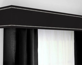 Custom Cornice Board Pelmet Box Window Treatment in Black with Silver Nailhead Trim - Custom Curtain Topper in Modern Black Fabric Nail Head