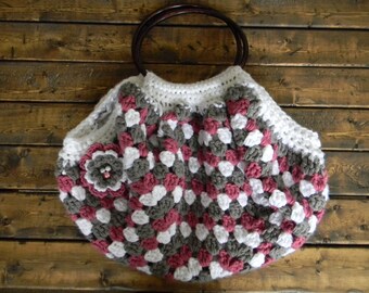 Crochet Granny Square Purse with Lining and Flower Accent