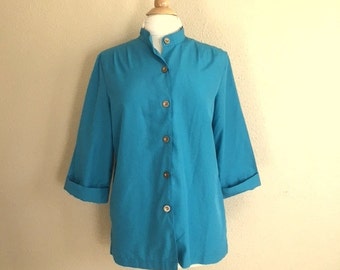 Vintage TURQUOISE Blue Button Up Blouse / 80s BLAIR Top / Womens Large