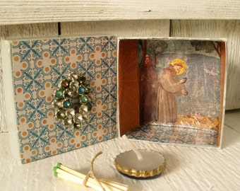 Mini prayer box Christian shrine St Francis meditation upcycled embellished pocket size/ free shipping US