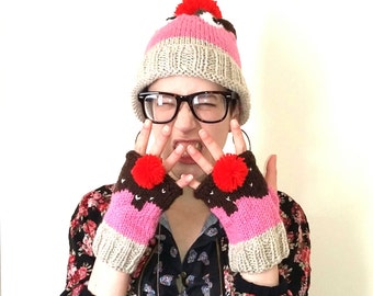 Cupcake pom pom mittens. Hand knitted beige, pink and brown cupcake mittens/fingerless gloves