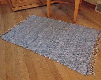 Hand Woven Rag Rug Blue Cotton 26" x 40"