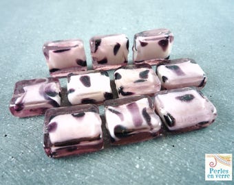 5 rectangular beads, glass purple Dalmatian 15x13mm (pv176)
