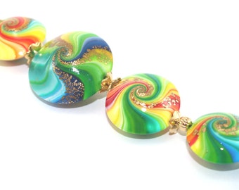 Focal beads with gold touch, set of 7 elegant beads in greens, yellow, orange and blue, Polymer Clay swirl lentil beads, Jewelry supplies