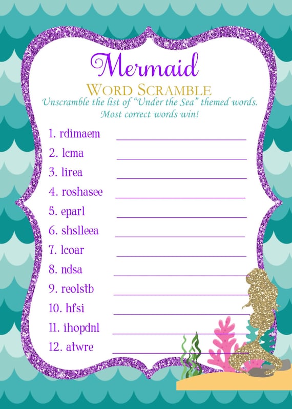 mermaid word scramble party or shower game with answer key