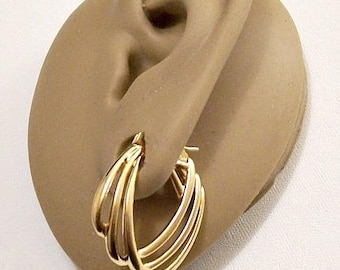 Monet Layered Open Rib Hoops Pierced Earrings Gold Tone Vintage Large Oval Flat Band Graduated Wide Dangles Surgical Steel Posts