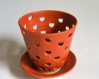 Paprika or Orange Orchid Pot with Heart Shaped Air Vents and a Matching Drip Saucer - Make Your Orchid Happy! - Wheel Thrown Pottery