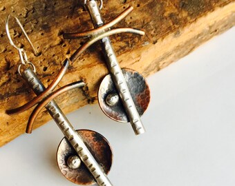 50% OFF Metalwork, Unique Earrings, Copper and Sterling Earrings, Artisan Earrings, East Asian Inspired, Soldered Earrings, Statement