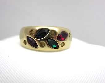 Vintage Rhinestone Leaf Ring - Colorful Costume Jewelry 14k GE Espo