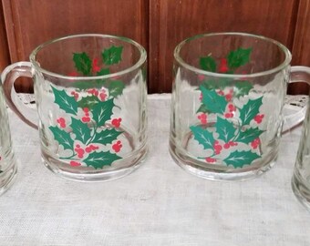 Vintage, Christmas Holly, 4 Clear Glass Mugs, Anchor and Hocking
