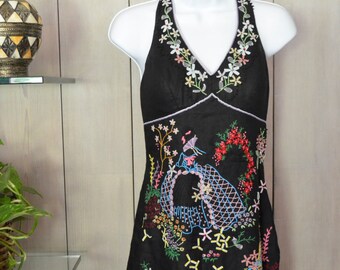 Free Shipping! Sue Wong Linen Embroidered Black Halter Dress- Size 2