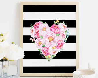 Floral Heart Black and White Stripe Printable, Watercolor Printable, Valentine's Day Decor, Floral Printable, Heart Wall Art Printable