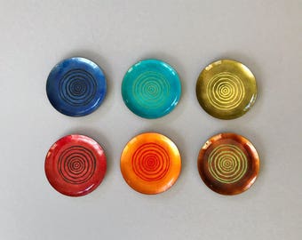 Set of Six (6) Vintage Enamel on Copper Coasters / Pin Dishes Multicolored Concentric Circles