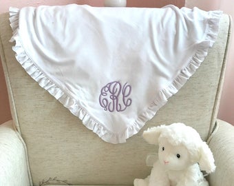 White Monogrammed Ruffled Cotton Baby Blanket