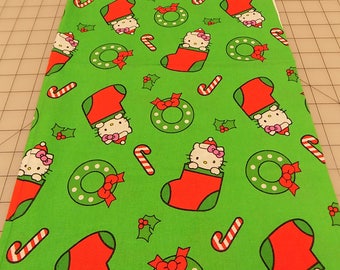 Hello Kitty Fabric, Hello Kitty Stocking Toss, Christmas, Green, Red, Candy Cane, Wreath, Stocking, Sanrio Co, Cotton, Fabric by the Yard