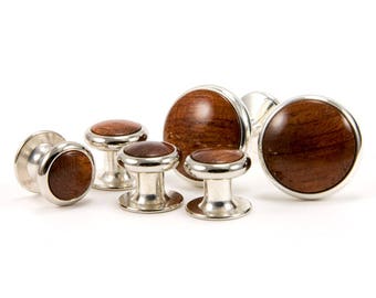 Wooden Cufflinks Tuxedo Shirt Stud Set Bubinga Wood Cufflinks Tuxedo Stud Set Gift For Him Silver Cufflinks