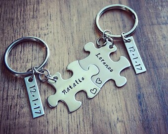 Hand Stamped Personalized Couples Puzzle Piece Keychains - Anniversary Keychains - Wedding Gift - Couples Keychain -