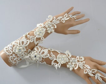 Swarovski Crystal Lace Crochet Vintage elbow Ivory Bridal Fingerless Gloves with silk Tie backs