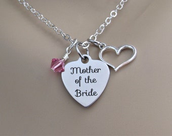 Mother of the Bride Stainless Steel Laser Engraved Heart Necklace With Silver Heart Charm and Swarovski Crystal