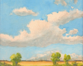 Bright Sunny Day - Original Landscape Painting on canvas 8x8 Clouds and Sky Summer Farmland Oak Trees