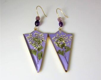 Queen Anne's Lace on Lavender, Long Real Flower Earrings, Real Swarovski Crystal Elements, Pressed Flower Jewelry , Resin (3038)
