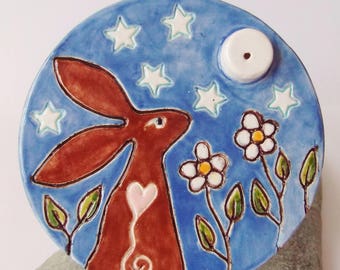 Ceramic Moongazing Hare and Flowers Incense Stick Holder, Incense Burner, Joss Stick Holder, Hare Pottery, Hare Animal Totem, Pagan, Goddess