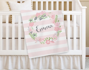 Personalized Baby Blanket, Pink Flower Girl Baby blanket, Receiving Blanket, Crib Blanket, Swaddling Blanket, Baby Shower Gift