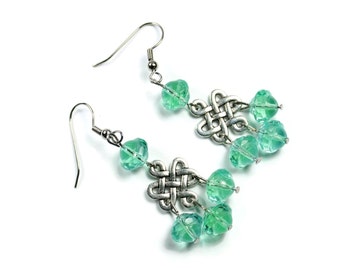 Earrings - Celtic Knot - Czech Green Glass Beads "Me, Myself and I"