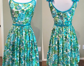 Vintage 1950's Green and Blue Floral Print Sundress