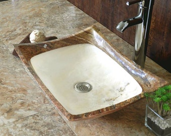 Modern Rectangular Curved Onyx & Travertine Stone Vessel Marble Sink Bathroom 16 L x 13 W x 4,5 H in