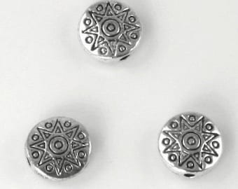 Star Disk Pewter Spacer Beads - Lead Safe Pewter Round Bead - Antique Silver - 11x4mm - 24 pieces (PWT1692S) adorabellabeads